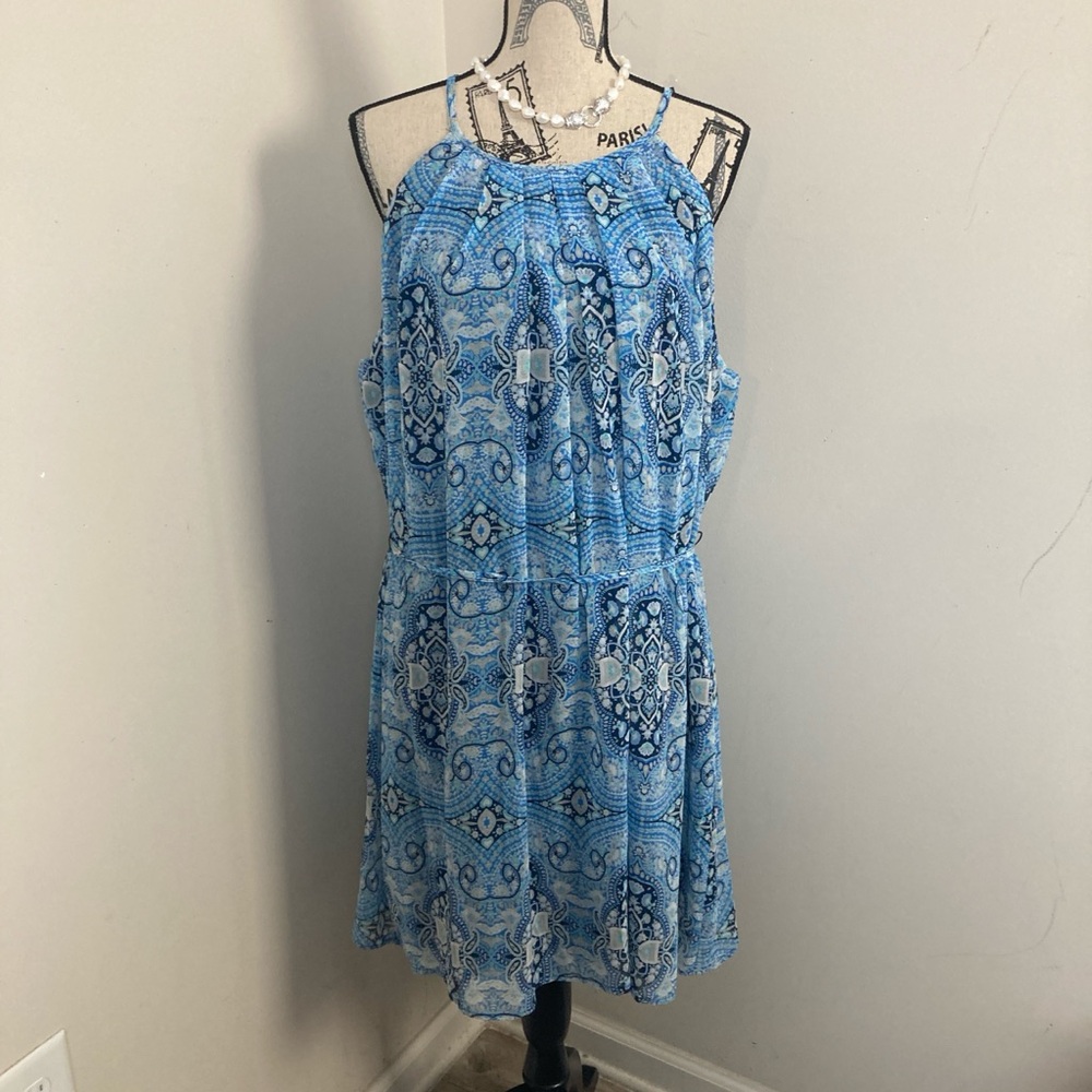 As U Wish Women’s Blue Printed Chiffon Halter Spaghetti Strap Mini Aline Dress